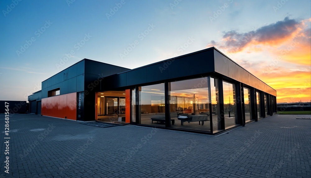 Obraz premium The image shows a modern building with large windows and an open entrance, set against a backdrop of a vibrant sunset.