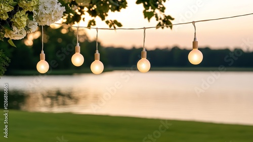 Elegant Golden sunset over a lakeside wedding venue with hanging fairy lights and reflections on the water dreamy romantic backdrop 