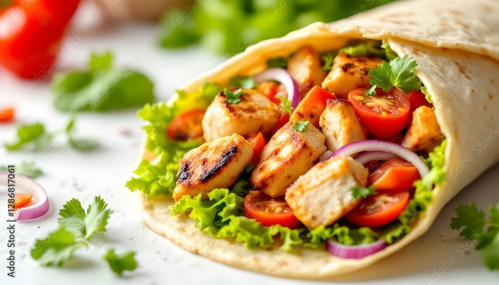 Fresh grilled chicken wrap roll with vegetables Fresh grilled chicken wrap roll with vegetables
