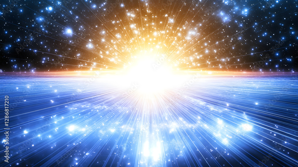 Bright blue and yellow cosmic background with stars and tulips for artistic or decorative use Bright blue and yellow cosmic background with stars and tulips for artistic or decorative use