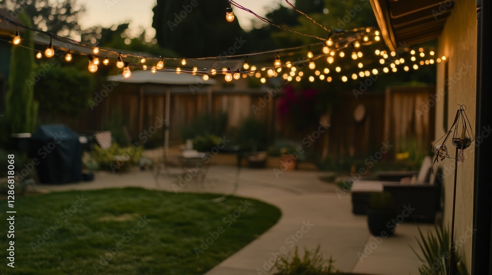Obraz premium String lights create a warm evening glow, evoking cozy outdoor charm. 