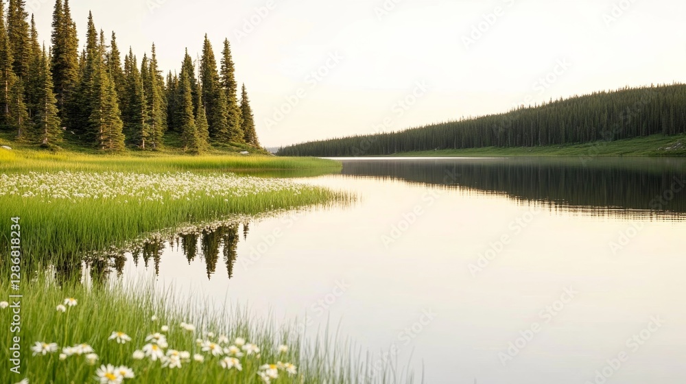 Obraz premium Elegant Peaceful lake reflecting a golden sunrise surrounded by pine trees and wildflowers creating a calming and serene morning atmosphere 