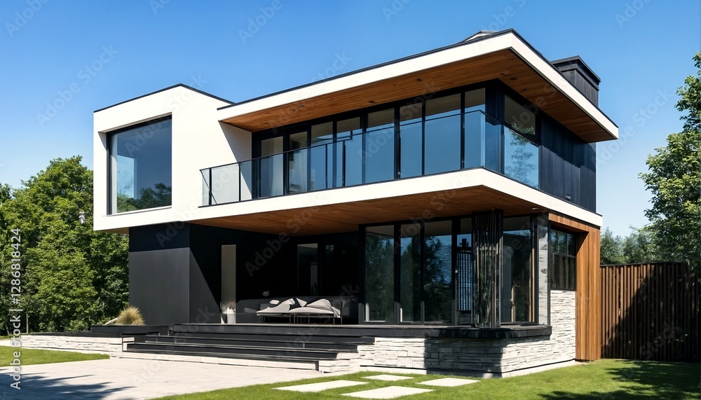 Two images of modern homes with large glass windows and balconies. Two images of modern homes with large glass windows and balconies.