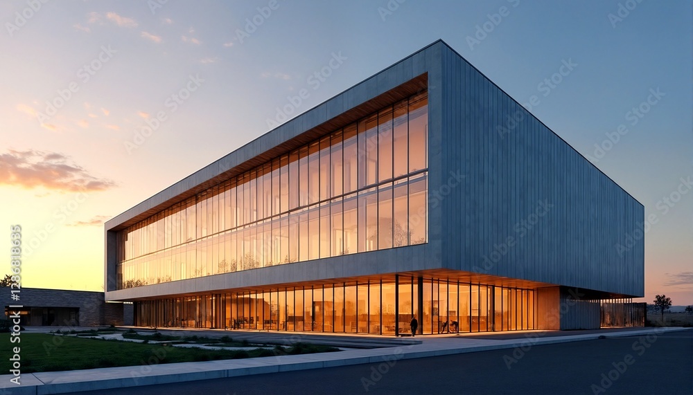 A modern building with floor-to-ceiling windows and an angular design.