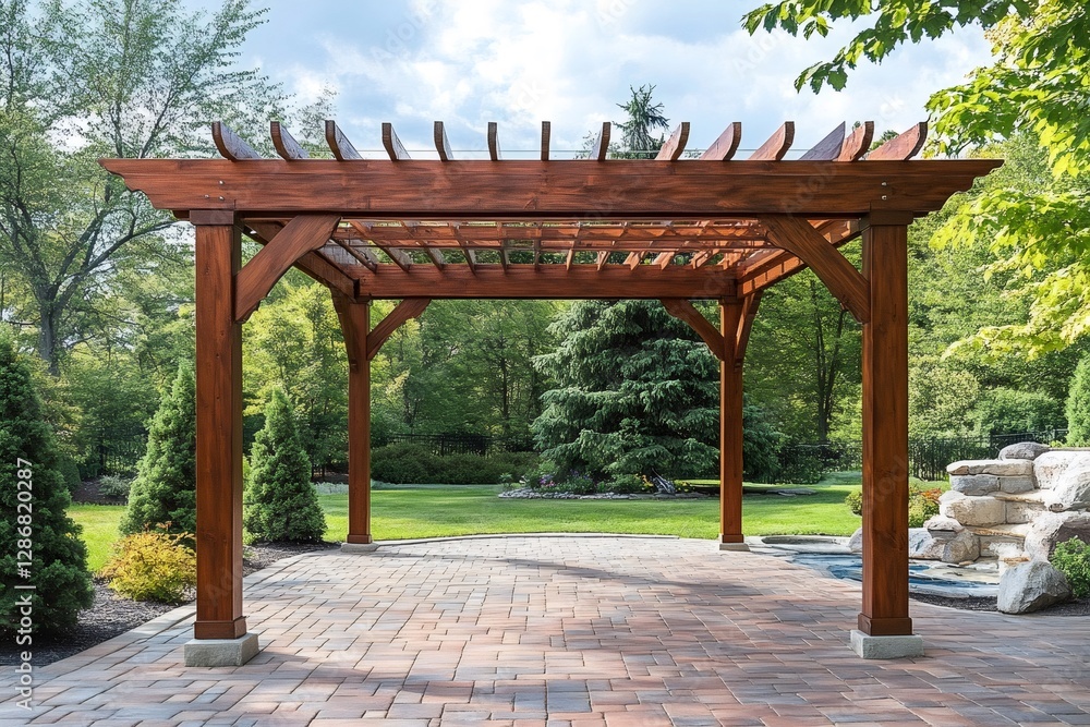 Wooden pergola providing shade in backyard patio area Wooden pergola providing shade in backyard patio area