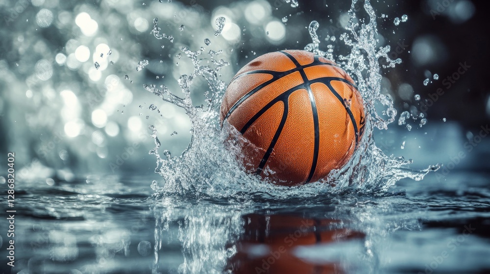 Energetic action shot of a basketball splashing into water, embodying the spirit of motion and sport Energetic action shot of a basketball splashing into water, embodying the spirit of motion and sport