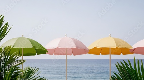 Wallpaper Mural Elegant Vibrant beach with colorful umbrellas sun loungers and palm trees under the warm glow of summer tropical vacation vibe  Torontodigital.ca