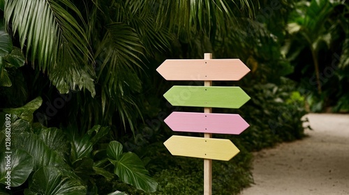 Elegant Vibrant tropical signs with colorful arrows on a jungle path pointing toward waterfall beach bar and hiking trail exotic summer vibe 