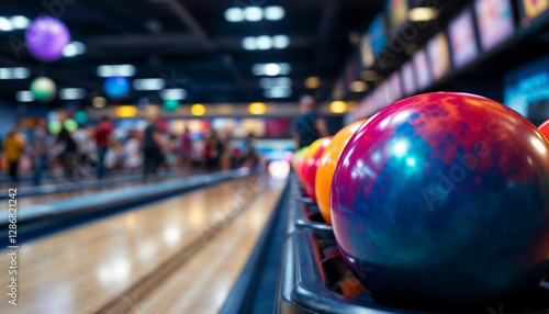 Wallpaper Mural Four vibrant bowling balls sit ready on a sleek return system in a lively, modern bowling alley.

 Torontodigital.ca