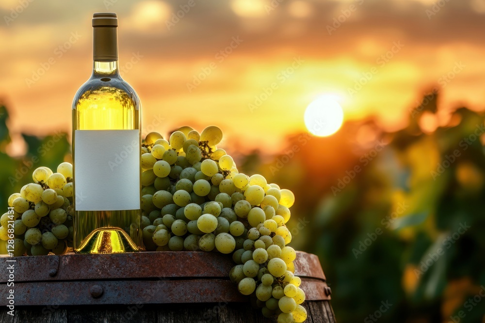 Fototapeta premium Fresh White Wine Bottle with Grapes on Barrel at Sunset Vineyard Scene