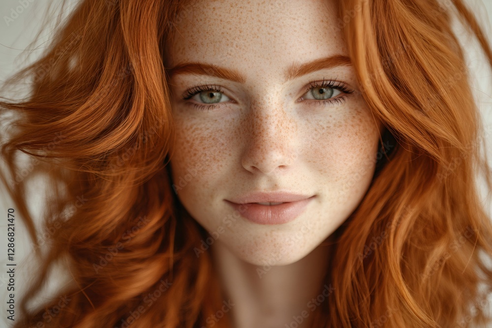 Portrait of young freckled redhead model with green eyes and long, wavy hair Portrait of young freckled redhead model with green eyes and long, wavy hair