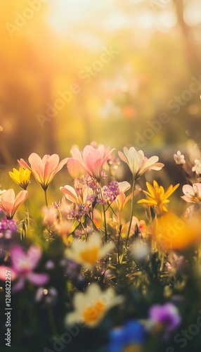 Fototapeta Naklejka Na Ścianę i Meble -  A vibrant outdoor scene of spring flowers illuminated by sunlight, celebrating the joy of springtime