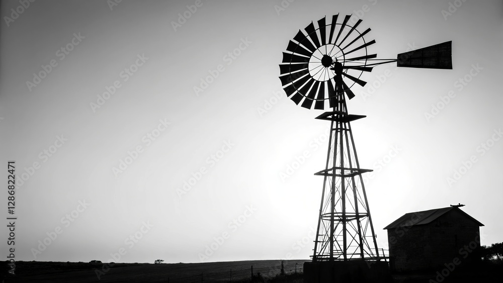 Black and White Silhouette of a Windmill in a Rural Landscape, Monochrome Photography, Farm, Windpump Windmill, Monochrome photography Black and White Silhouette of a Windmill in a Rural Landscape, Monochrome Photography, Farm, Windpump Windmill, Monochrome photography