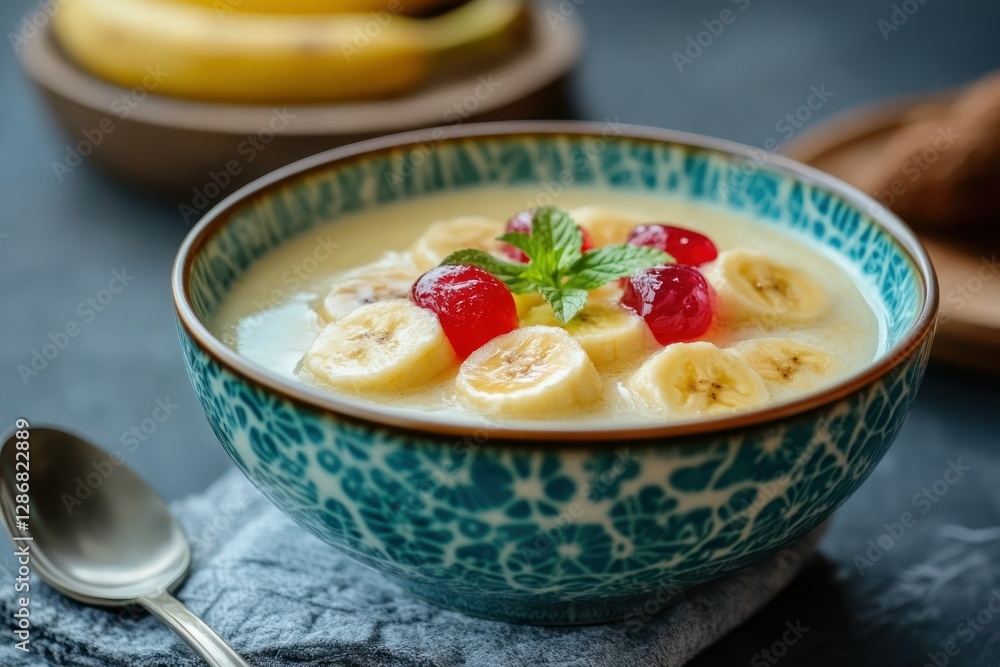 Colorful Fruit Salad Bowl with Bananas and Cherries on Table Colorful Fruit Salad Bowl with Bananas and Cherries on Table