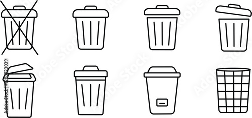 Trash Bin Icons. Various Styles of Wastebasket Illustrations.