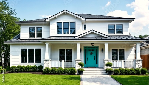 A white two-story house with a green door and a blue sky.