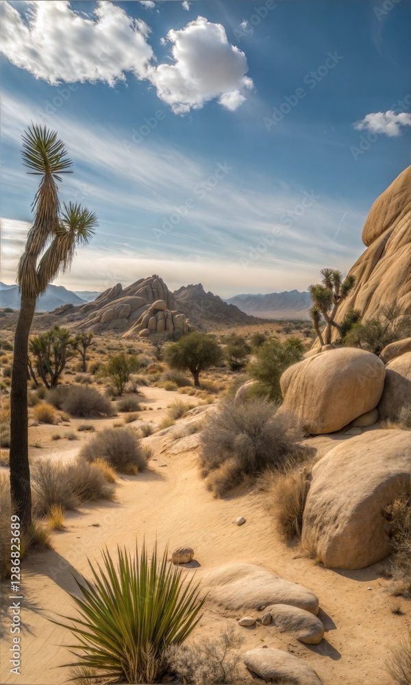 Desert Landscape with Joshua Trees and Rocks Under a Sunny Sky, sand dunes and blue sky Desert Landscape with Joshua Trees and Rocks Under a Sunny Sky, sand dunes and blue sky