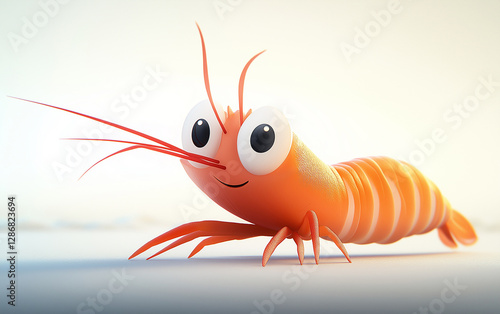 Cartoon shrimp character smiling and walking on white background photo