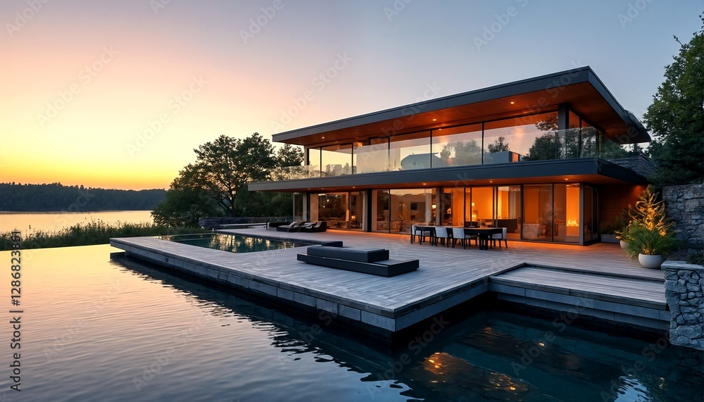 Fototapeta premium modern house by the water at sunset.