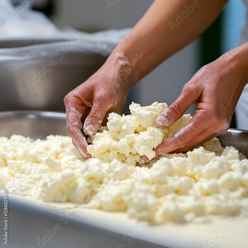 Making fresh cheese with hands working the curd in a dairy kitchen