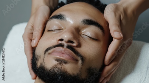A spa therapist gently massages a client's face, evoking tranquility and pampering in an atmosphere of serene relaxation and self-care.