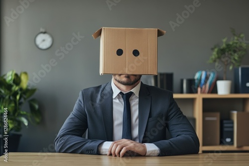Man in Business Suit with Cardboard Box on Head in Office Setting