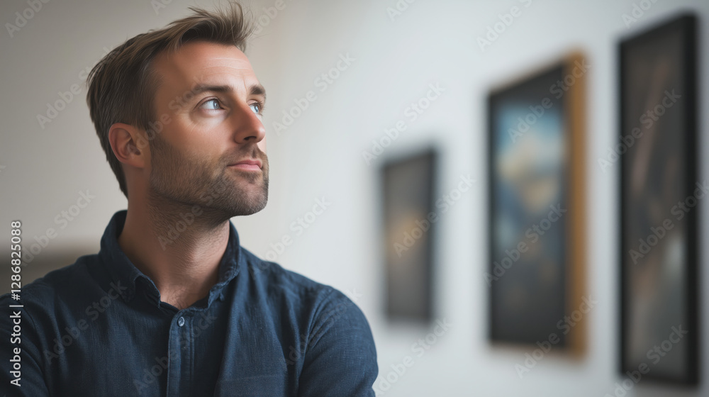 Caucasian Man in His Late 30s with a Focused Expression, Contemplating a Piece of Art in a Gallery Caucasian Man in His Late 30s with a Focused Expression, Contemplating a Piece of Art in a Gallery