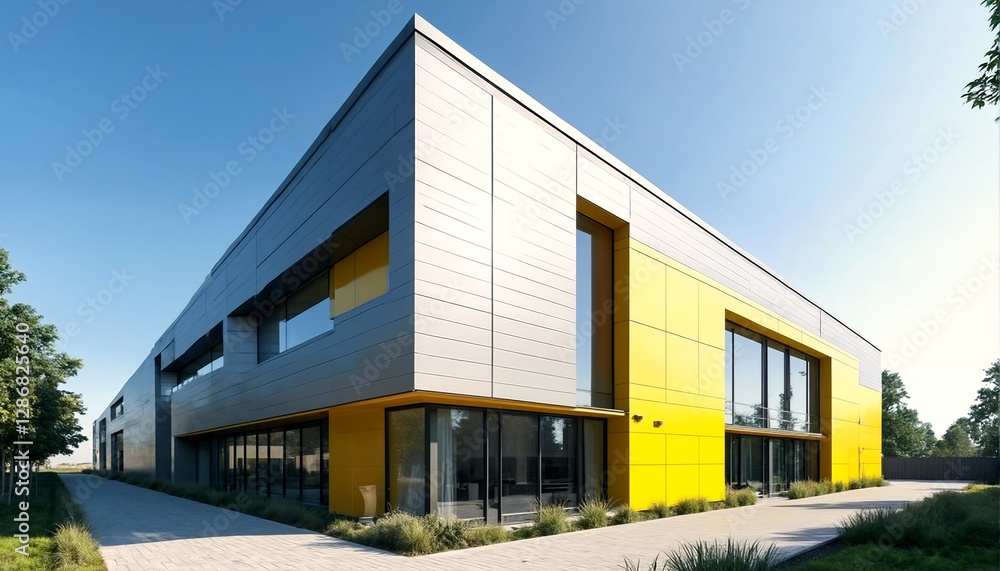 A modern office building with a sleek grey and yellow exterior. A modern office building with a sleek grey and yellow exterior.