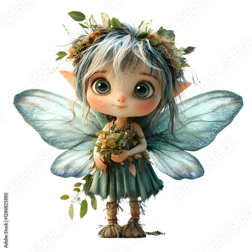 Fluffy 3D Cartoon Fairy with Glowing Wings and Soft Features Holding a Flower Isolated on Transparent Background