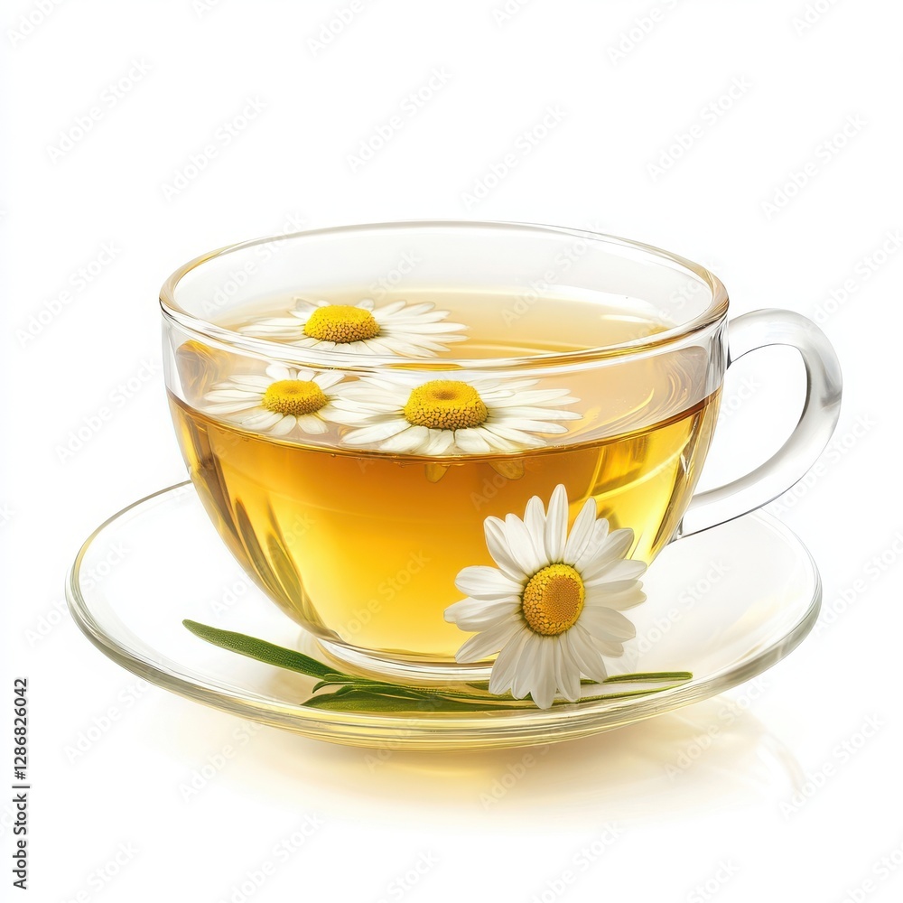 A transparent glass mug filled with golden chamomile tea is set against a bright white background A transparent glass mug filled with golden chamomile tea is set against a bright white background