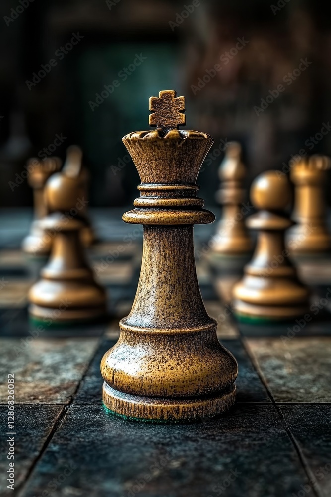 Fototapeta premium Teamwork on a chessboard, as exemplified by the king, illustrates the competitive challenge of leadership in business, volunteer work, or strategic planning, and requires a team player mindset that