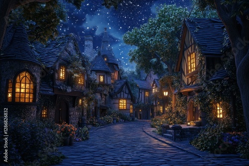 Charming Nighttime Village with Stars and Illuminated Windows