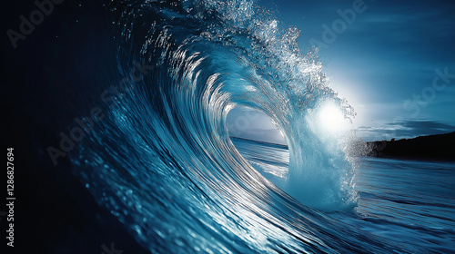 Fototapeta Naklejka Na Ścianę i Meble -  Majestic ocean wave curling at sunset creating a perfect tube