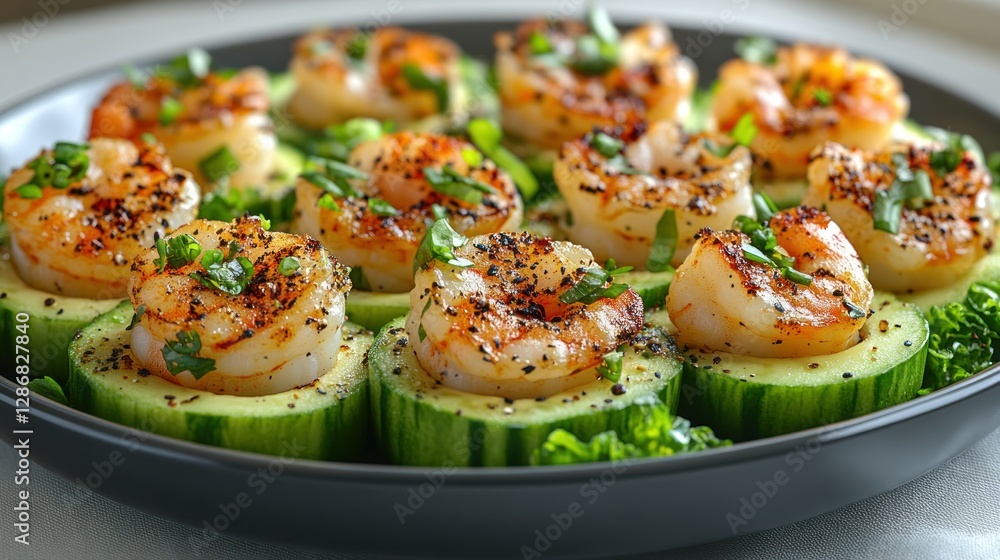 Appetizer of shrimp in avocado halves on cucumber slices, served on a dark gray plate Appetizer of shrimp in avocado halves on cucumber slices, served on a dark gray plate