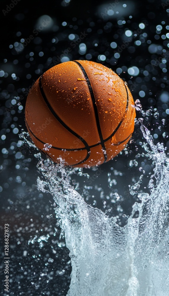 Close up of water droplets splashing from a basketball, capturing the excitement of sports action. Close up of water droplets splashing from a basketball, capturing the excitement of sports action.