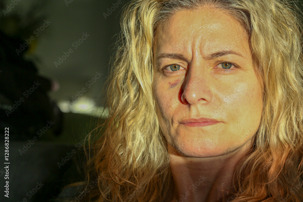 Portrait of blonde woman with green eyes with a black eye due to a blow to the face Portrait of blonde woman with green eyes with a black eye due to a blow to the face