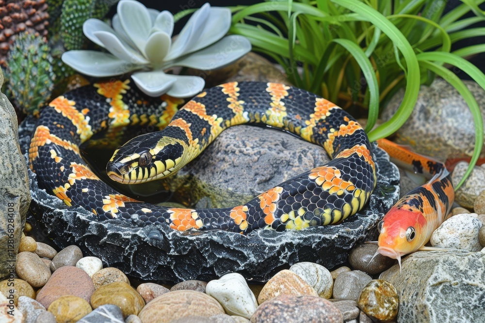 Fototapeta premium A snake is curled up on a rock next to a fish