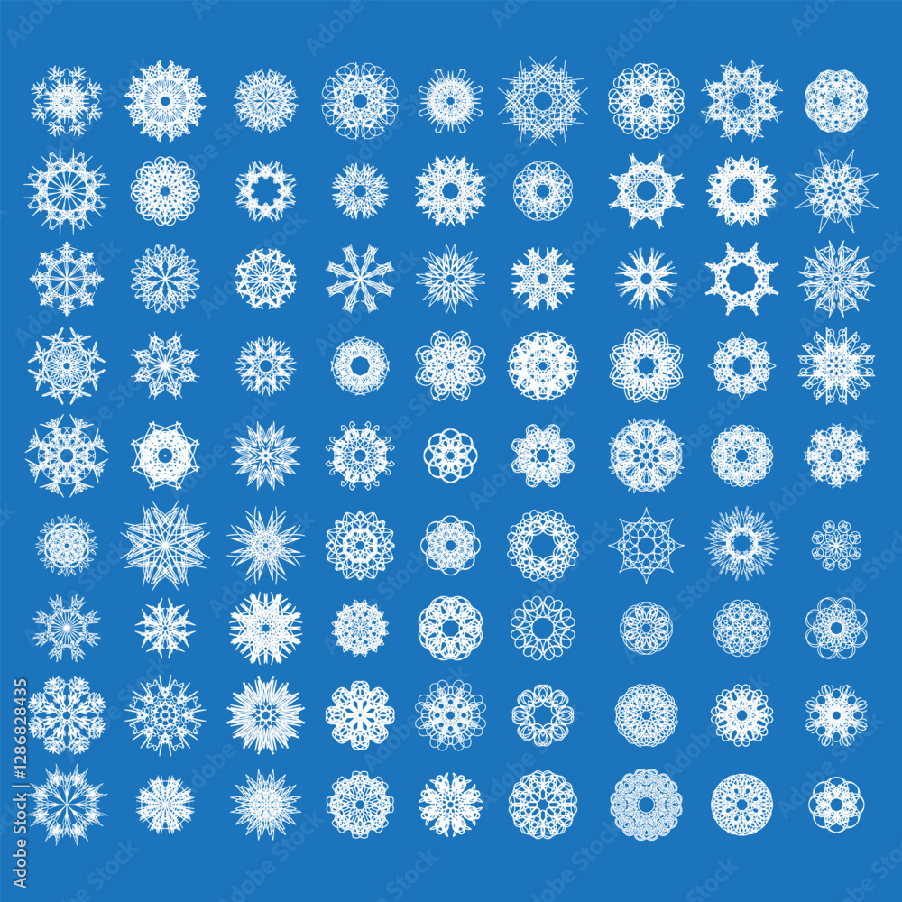 Set of White Winter Snowflakes Isolated on Blue Background. Set of White Winter Snowflakes Isolated on Blue Background.