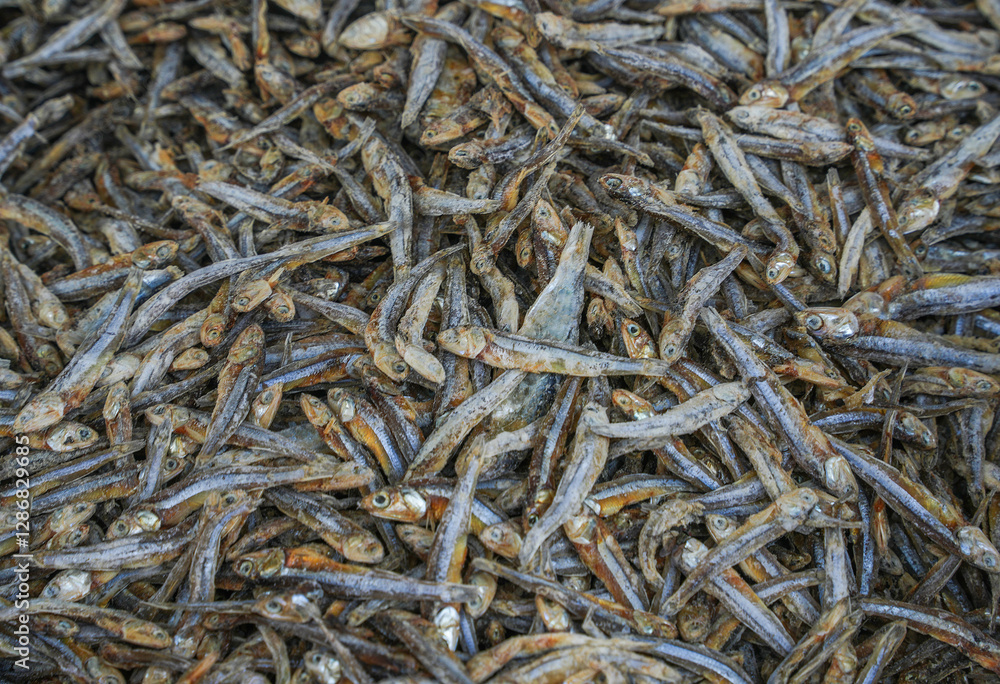 Traditional small dried fish on sale at a street bazaar, Sri Lanka, Weligama, Asia Traditional small dried fish on sale at a street bazaar, Sri Lanka, Weligama, Asia