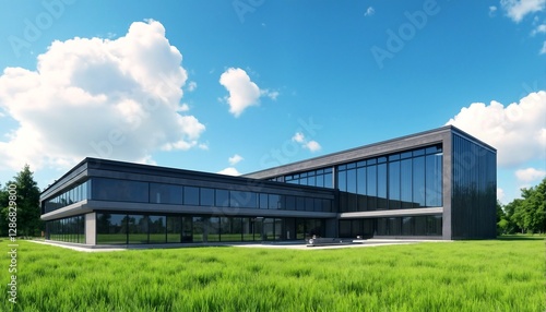 Wallpaper Mural A modern building with large windows and rectangular shape sits on top of green grass under a blue sky. Torontodigital.ca