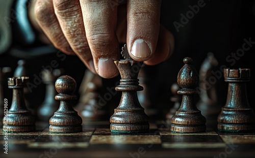 A close-up view captures a hand as it makes a decisive move with one of the chess pieces photo