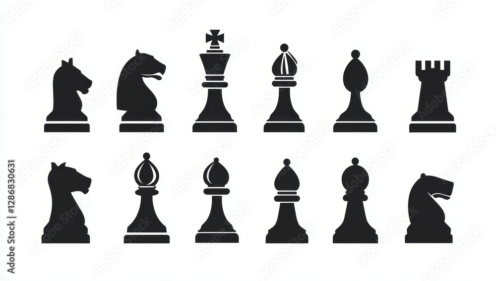 Modern chess icons are presented as a set with a black silhouette, encompassing the king, queen, pawn, horse, and rook Modern chess icons are presented as a set with a black silhouette, encompassing the king, queen, pawn, horse, and rook