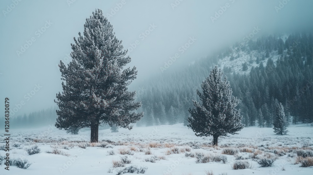 Snowy Winter Landscape with Trees and Foggy Mountain Backdrop Snowy Winter Landscape with Trees and Foggy Mountain Backdrop