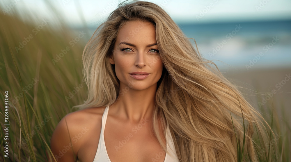 Beautiful blonde model posing on beach with long healthy hair Beautiful blonde model posing on beach with long healthy hair