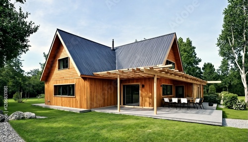 Wallpaper Mural a modern wooden house with a black roof and deck surrounded by trees. Torontodigital.ca