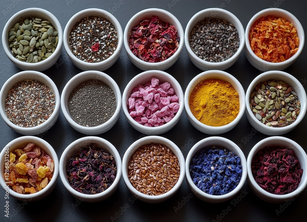 Aesthetic Arrangement of Colorful Spices and Herbs in Small Bowls Perfect for Culinary Inspiration and Healthy Cooking Ideas in a Contemporary Kitchen Setting Aesthetic Arrangement of Colorful Spices and Herbs in Small Bowls Perfect for Culinary Inspiration and Healthy Cooking Ideas in a Contemporary Kitchen Setting