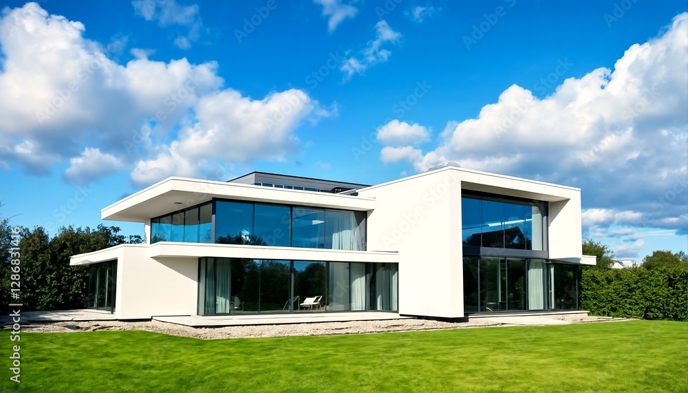 A modern house with large windows and a flat roof, showcasing its sleek design and minimalist aesthetic. A modern house with large windows and a flat roof, showcasing its sleek design and minimalist aesthetic.
