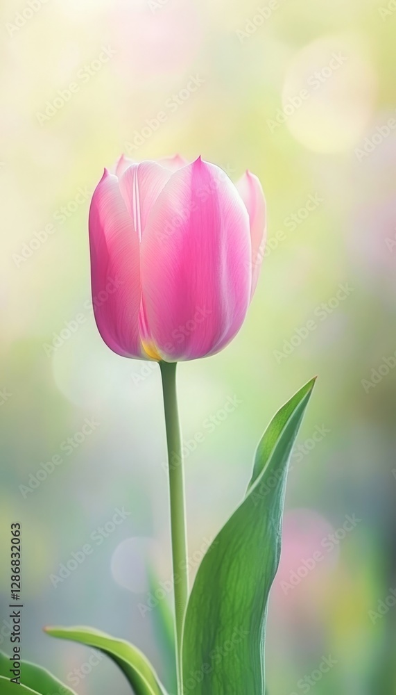 Charming blurred spring scene featuring a vibrant pink tulip amidst a gentle background atmosphere Charming blurred spring scene featuring a vibrant pink tulip amidst a gentle background atmosphere