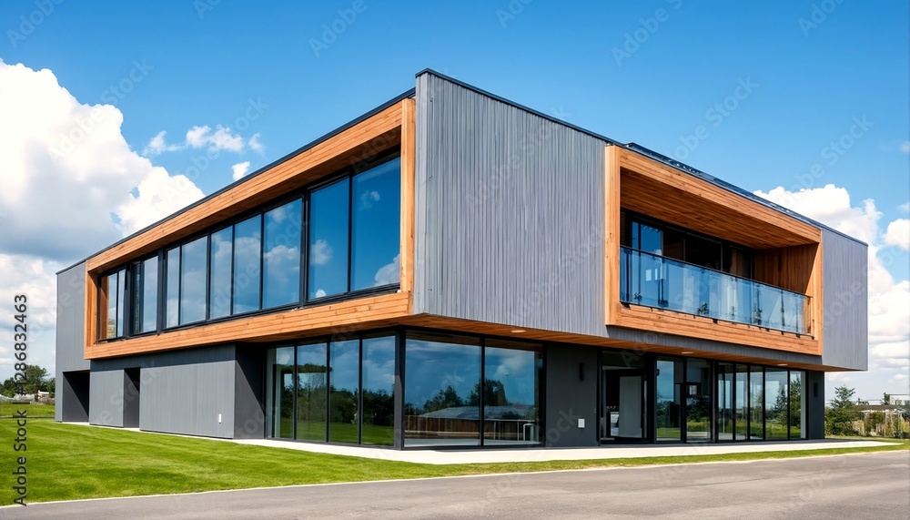 a modern house with large windows and a flat roof, set against a blue sky with white clouds. a modern house with large windows and a flat roof, set against a blue sky with white clouds.