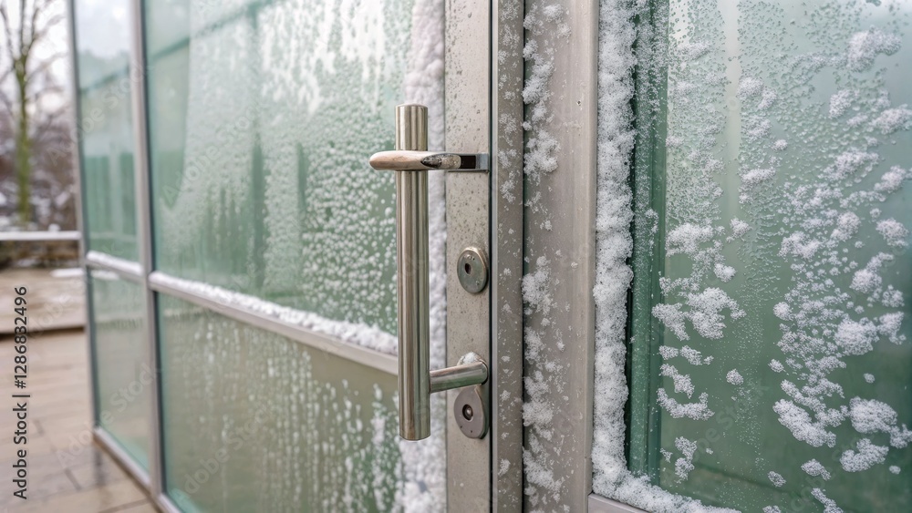 Naklejka premium Snowy Glass Door Handle Modern Metal Design, Close-up Composition, Winter Scene, Glass Door, Metal Handle Winter, Snow